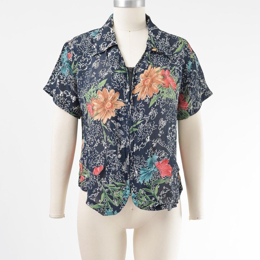 Vintage 90s Navy Floral Blouse Short Sleeve Collared Shirt Zipper Front Top S M